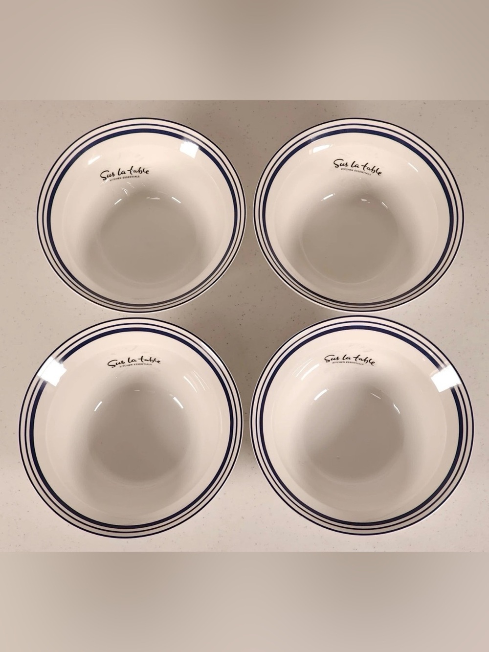 Sur La Table White Ceramic Bowls with Navy Stripe - Set of 4 Bistro style